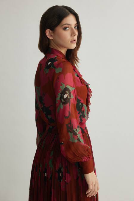 Buy_Koai_Red Chiffon Floral Pattern High Round Frilled Top _Online_at_Aza_Fashions