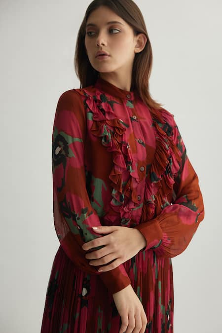 Shop_Koai_Red Chiffon Floral Pattern High Round Frilled Top _Online_at_Aza_Fashions