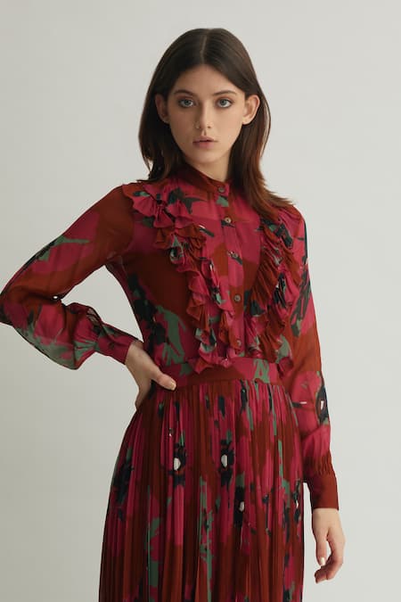 Koai_Red Chiffon Floral Pattern High Round Frilled Top _at_Aza_Fashions