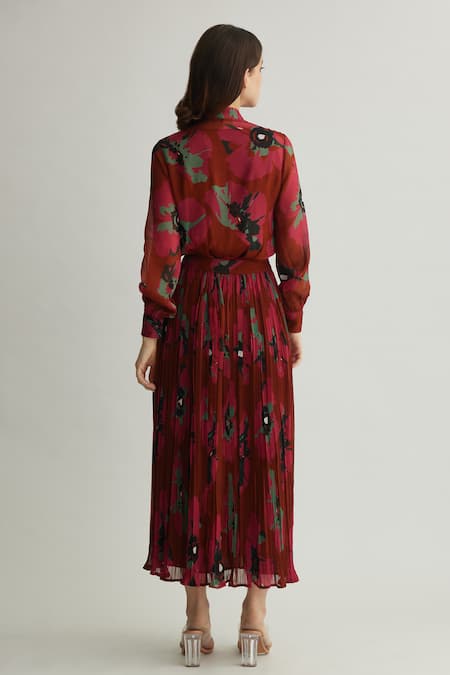 Shop_Koai_Red Georgette Floral Pleated Midi Skirt _at_Aza_Fashions