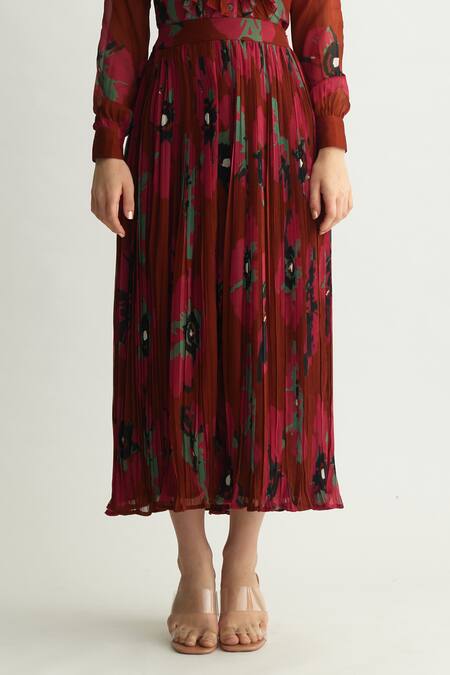 Koai_Red Georgette Floral Pleated Midi Skirt _Online_at_Aza_Fashions