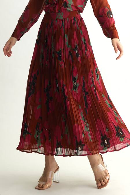Buy_Koai_Red Georgette Floral Pleated Midi Skirt _Online_at_Aza_Fashions