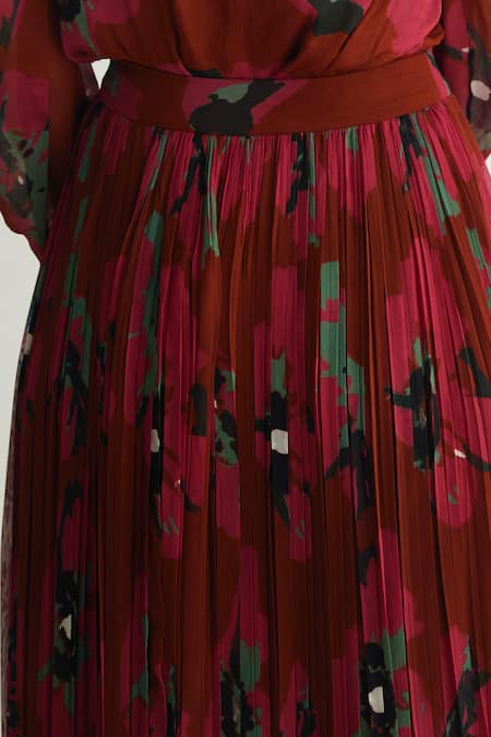 Shop_Koai_Red Georgette Floral Pleated Midi Skirt _Online_at_Aza_Fashions