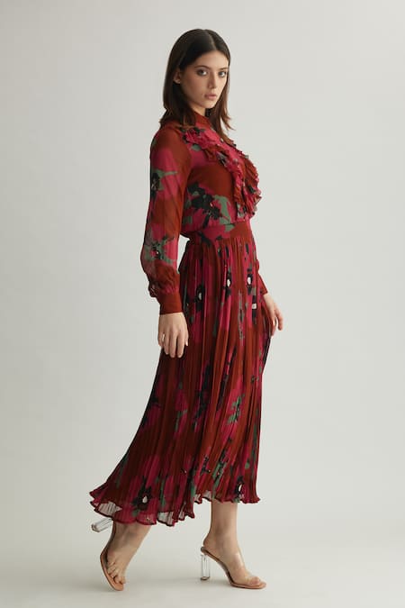 Koai_Red Georgette Floral Pleated Midi Skirt _at_Aza_Fashions