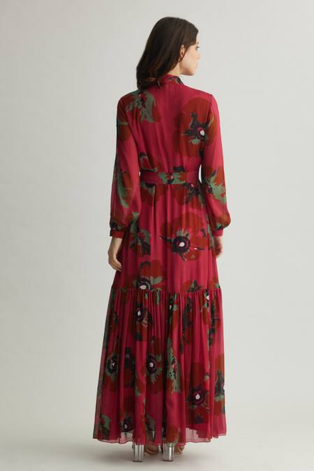 Shop_Koai_Red Chiffon Mandarin Collar Floral Maxi Dress _at_Aza_Fashions