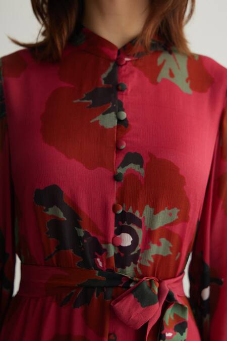 Koai_Red Chiffon Mandarin Collar Floral Maxi Dress _Online_at_Aza_Fashions