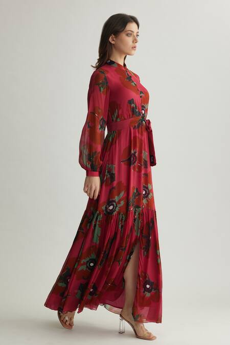 Buy_Koai_Red Chiffon Mandarin Collar Floral Maxi Dress _Online_at_Aza_Fashions