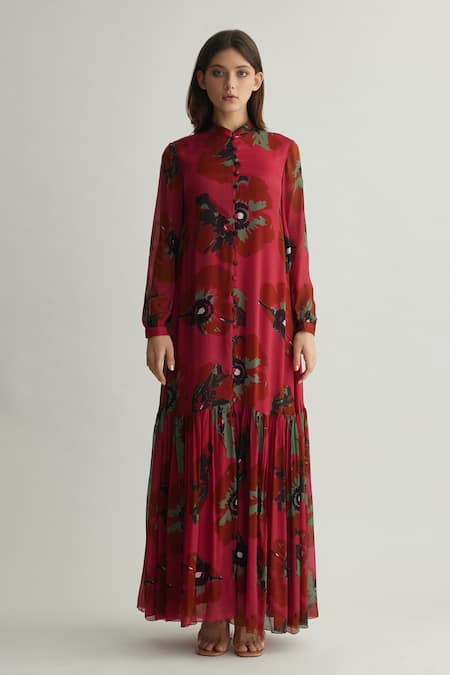 Shop_Koai_Red Chiffon Mandarin Collar Floral Maxi Dress _Online_at_Aza_Fashions