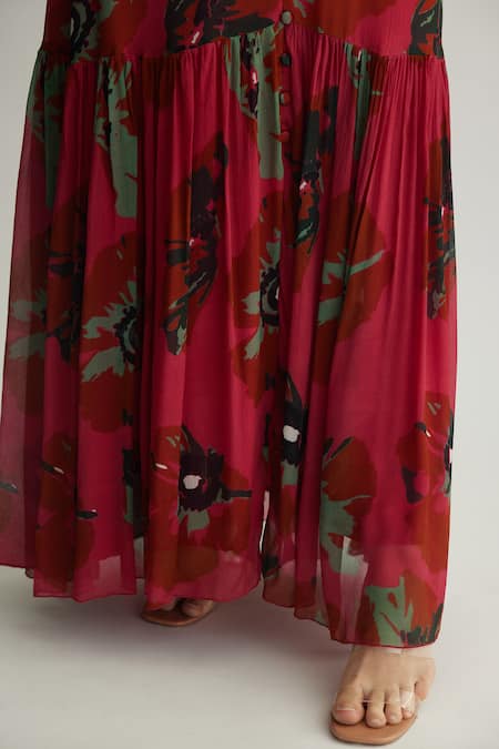 Koai_Red Chiffon Mandarin Collar Floral Maxi Dress _at_Aza_Fashions