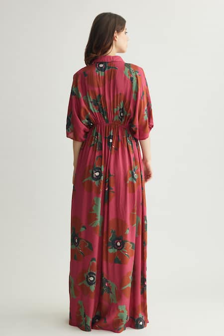 Shop Koai Red Muslin, Cotton, Silk Collared Gathered Kaftan Maxi Dress at Aza Fashions Shop_Koai_Red Muslin, Cotton, Silk Collared Gathered Kaftan Maxi Dress _at_Aza_Fashions