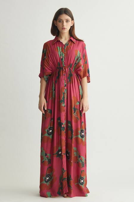 Koai Red Muslin, Cotton, Silk Collared Gathered Kaftan Maxi Dress Online at Aza Fashions Koai_Red Muslin, Cotton, Silk Collared Gathered Kaftan Maxi Dress _Online_at_Aza_Fashions