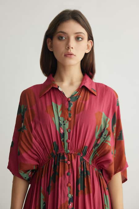 Buy Koai Red Muslin, Cotton, Silk Collared Gathered Kaftan Maxi Dress Online at Aza Fashions Buy_Koai_Red Muslin, Cotton, Silk Collared Gathered Kaftan Maxi Dress _Online_at_Aza_Fashions