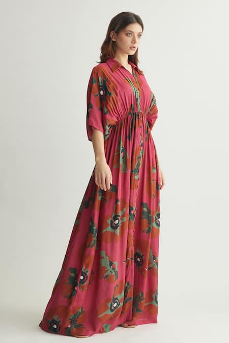 Shop Koai Red Muslin, Cotton, Silk Collared Gathered Kaftan Maxi Dress Online at Aza Fashions Shop_Koai_Red Muslin, Cotton, Silk Collared Gathered Kaftan Maxi Dress _Online_at_Aza_Fashions