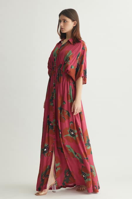 Koai Red Muslin, Cotton, Silk Collared Gathered Kaftan Maxi Dress at Aza Fashions Koai_Red Muslin, Cotton, Silk Collared Gathered Kaftan Maxi Dress _at_Aza_Fashions