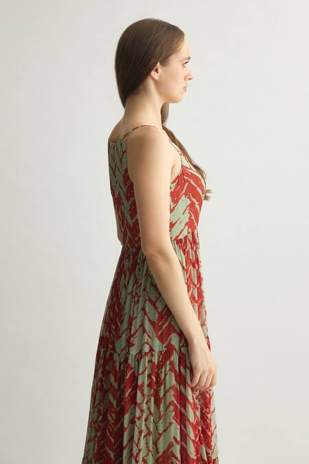 Koai Red Chiffon Round Neck Chevron Pattern Sleeveless Maxi Dress Online at Aza Fashions Koai_Red Chiffon Round Neck Chevron Pattern Sleeveless Maxi Dress _Online_at_Aza_Fashions