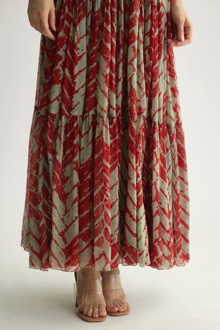 Shop Koai Red Chiffon Round Neck Chevron Pattern Sleeveless Maxi Dress Online at Aza Fashions Shop_Koai_Red Chiffon Round Neck Chevron Pattern Sleeveless Maxi Dress _Online_at_Aza_Fashions
