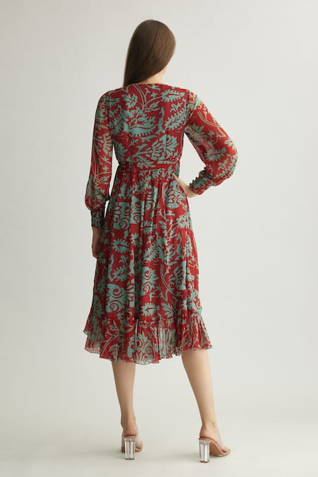 Shop_Koai_Red Chiffon V-neck Floral Wrap Midi Dress _at_Aza_Fashions