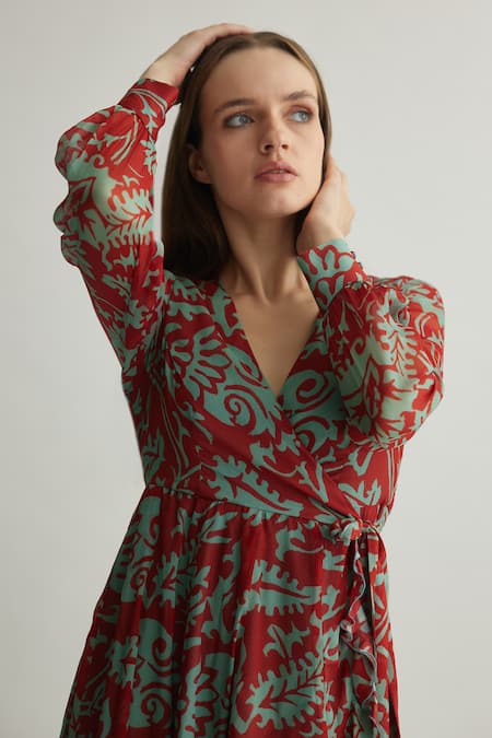 Koai_Red Chiffon V-neck Floral Wrap Midi Dress _Online_at_Aza_Fashions