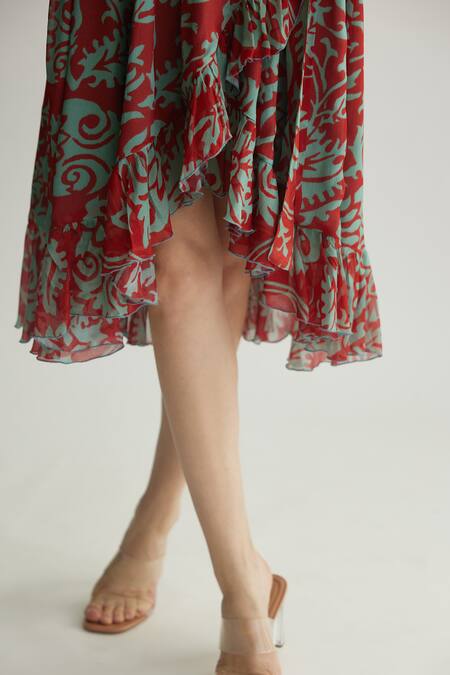 Buy_Koai_Red Chiffon V-neck Floral Wrap Midi Dress _Online_at_Aza_Fashions