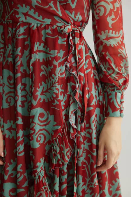 Shop_Koai_Red Chiffon V-neck Floral Wrap Midi Dress _Online_at_Aza_Fashions