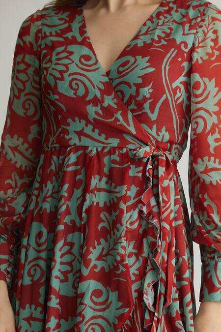 Koai_Red Chiffon V-neck Floral Wrap Midi Dress _at_Aza_Fashions