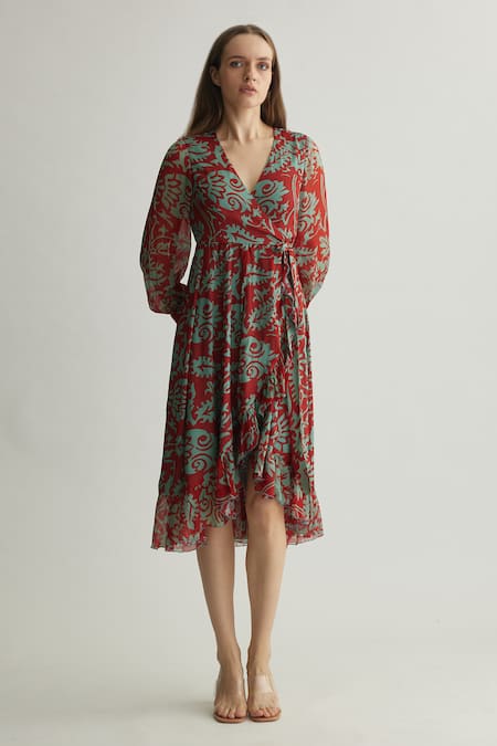 Buy_Koai_Red Chiffon V-neck Floral Wrap Midi Dress 