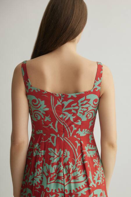 Koai_Red Muslin, Cotton, Silk Square Neck Floral Print Sleeveless Jumpsuit _Online_at_Aza_Fashions