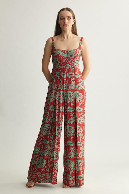 Buy_Koai_Red Muslin, Cotton, Silk Square Neck Floral Print Sleeveless Jumpsuit _Online_at_Aza_Fashions