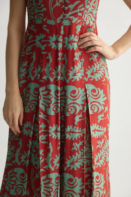 Koai_Red Muslin, Cotton, Silk Square Neck Floral Print Sleeveless Jumpsuit _at_Aza_Fashions