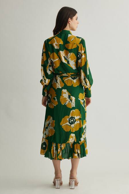 Shop_Koai_Yellow Muslin Cotton Silk Print Floral Wrap Skirt _at_Aza_Fashions