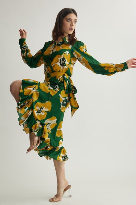 Shop_Koai_Yellow Muslin Cotton Silk Print Floral Wrap Skirt _Online_at_Aza_Fashions