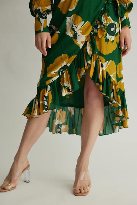 Koai_Yellow Muslin Cotton Silk Print Floral Wrap Skirt _at_Aza_Fashions