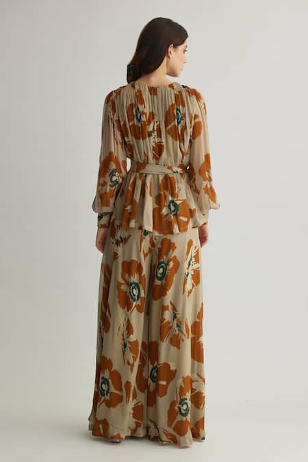 Shop_KoAi_Beige Chiffon Print Floral Flared Pant _at_Aza_Fashions