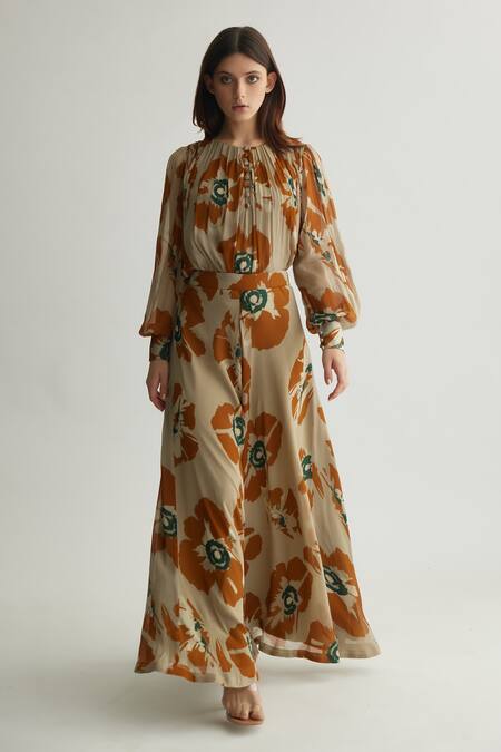 Buy_KoAi_Beige Chiffon Print Floral Flared Pant _Online_at_Aza_Fashions