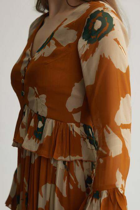 Koai_Rust Chiffon Ruffles Round Neck Floral Print Maxi Dress _Online_at_Aza_Fashions