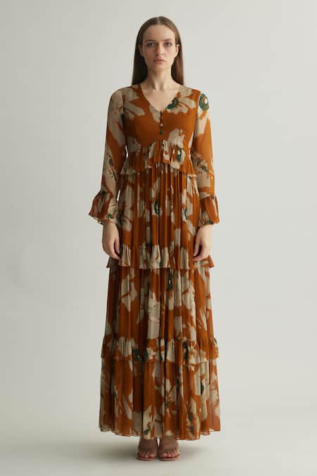Buy_Koai_Rust Chiffon Ruffles Round Neck Floral Print Maxi Dress _Online_at_Aza_Fashions