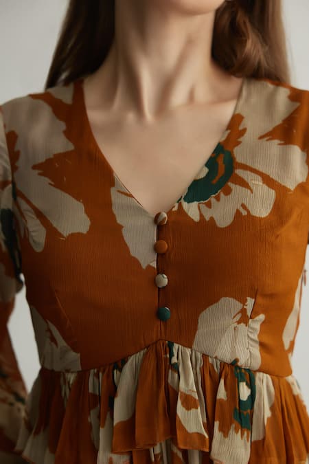 Shop_Koai_Rust Chiffon Ruffles Round Neck Floral Print Maxi Dress _Online_at_Aza_Fashions