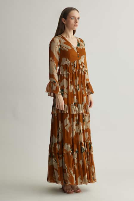 Koai_Rust Chiffon Ruffles Round Neck Floral Print Maxi Dress _at_Aza_Fashions