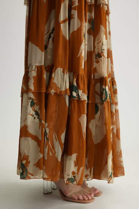 Buy_Koai_Rust Chiffon Ruffles Round Neck Floral Print Maxi Dress 