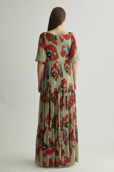 Shop_Koai_Beige Chiffon Keyhole Neck Tiered Floral Print Maxi Dress _at_Aza_Fashions
