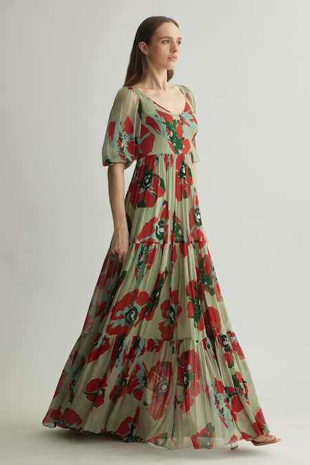 Koai_Beige Chiffon Keyhole Neck Tiered Floral Print Maxi Dress _Online_at_Aza_Fashions