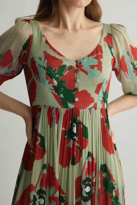 Buy_Koai_Beige Chiffon Keyhole Neck Tiered Floral Print Maxi Dress _Online_at_Aza_Fashions