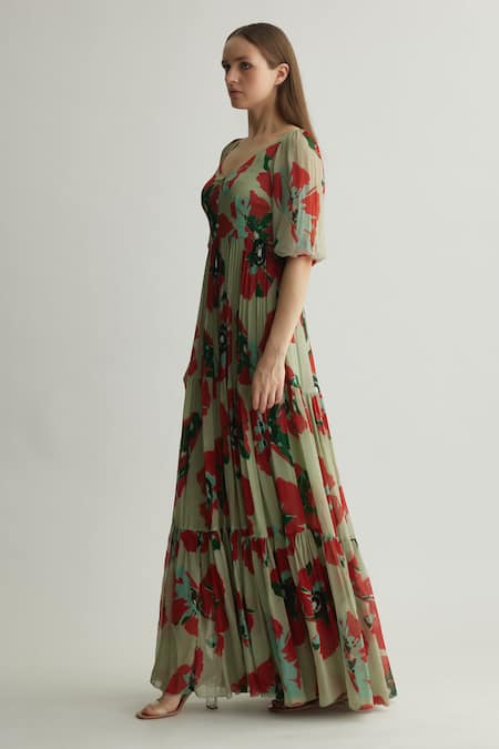 Shop_Koai_Beige Chiffon Keyhole Neck Tiered Floral Print Maxi Dress _Online_at_Aza_Fashions