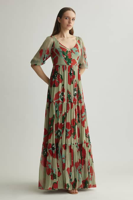 Koai_Beige Chiffon Keyhole Neck Tiered Floral Print Maxi Dress _at_Aza_Fashions