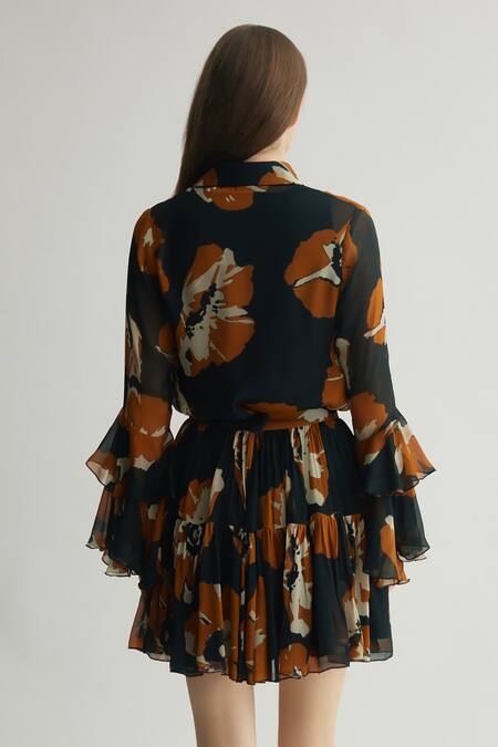 Shop_Koai_Black Chiffon Print Floral Shirt Collar Frilled _at_Aza_Fashions