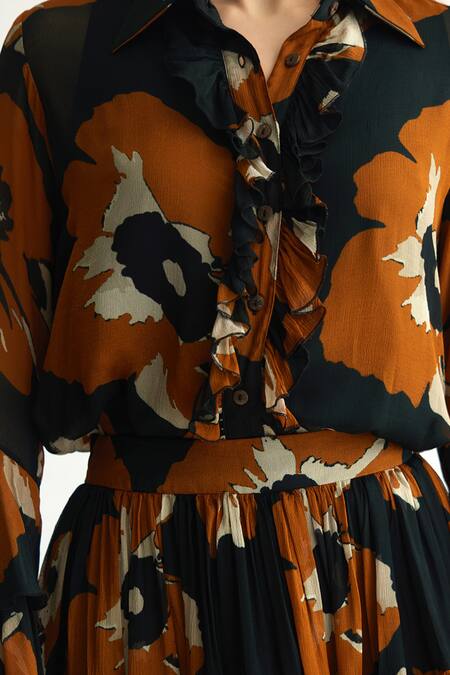 Koai_Black Chiffon Print Floral Shirt Collar Frilled _Online_at_Aza_Fashions