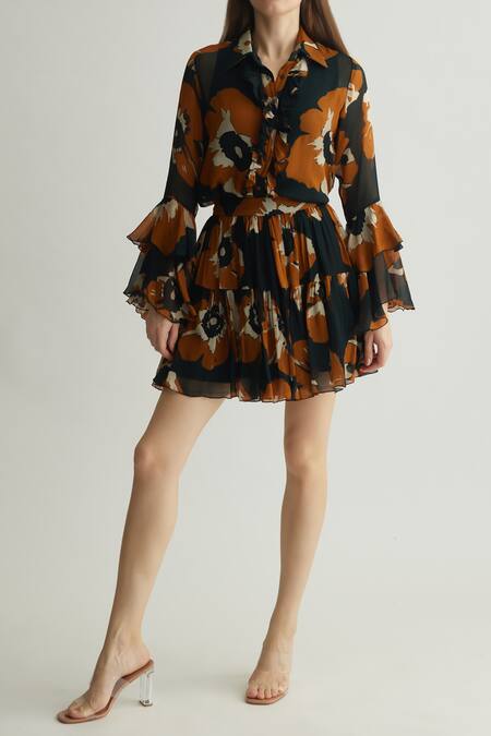 Buy_Koai_Black Chiffon Print Floral Shirt Collar Frilled _Online_at_Aza_Fashions