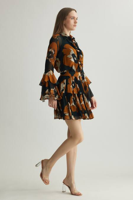 Shop_Koai_Black Chiffon Print Floral Shirt Collar Frilled _Online_at_Aza_Fashions