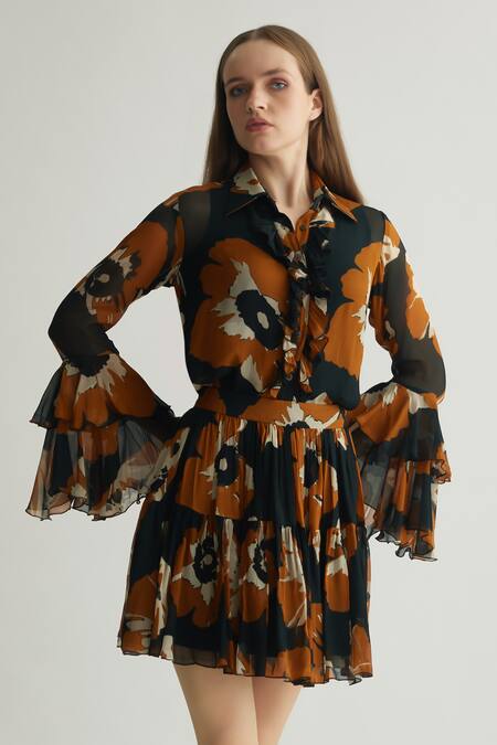 Koai_Black Chiffon Print Floral Shirt Collar Frilled _at_Aza_Fashions