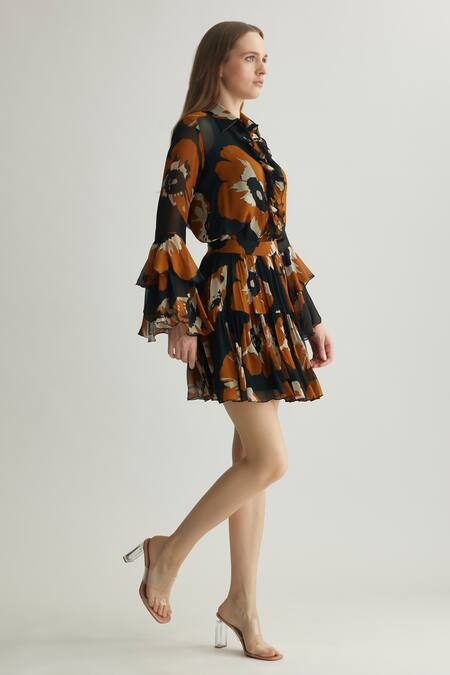 Koai Black Chiffon Ruffles Floral Print Tiered Skirt Online at Aza Fashions Koai_Black Chiffon Ruffles Floral Print Tiered Skirt _Online_at_Aza_Fashions